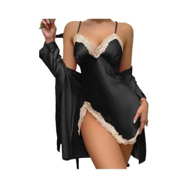 Imagem de Conjunto De Pijama Feminino Em Cetim Liso Com Manga Longa, Robe De Ren