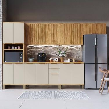 Imagem de Armário de Cozinha Modulada com Balcão e Tampo 14 Portas 3 Gavetas Nice Fresado 100% Mdf Amêndoa/Off White - Pnr Móveis