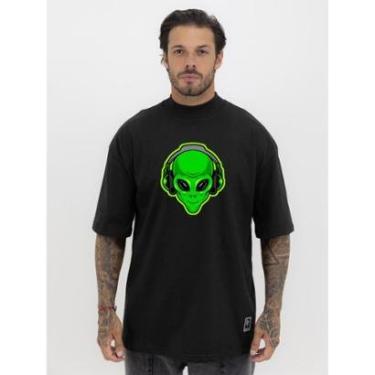 Imagem de Camiseta Camisa Oversized Gola Alta Estampa ET Green Streetwear Algodão Premium Preto-Masculino