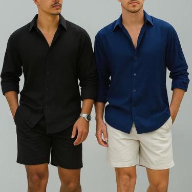 Imagem de Kit 2 Camisa de Linho Manga Longa Masculina Social Confortável Casual 