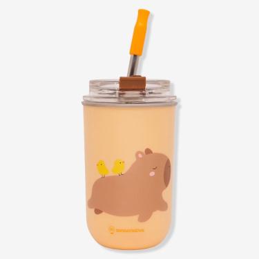 Imagem de Copo com Canudo Neo Capivara para Bebidas em Aço Inoxidável e Plástico com Tampa de Pressão Preto Zonacriativa