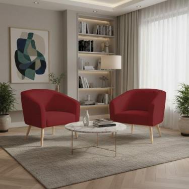 Imagem de Poltrona Sala Decorativa Kit 2 Stella Pé Palito Natural Veludo Marsala