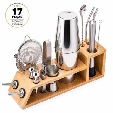 Imagem de Kit coqueteleira presente bartender barhome em aço inox e suporte de b