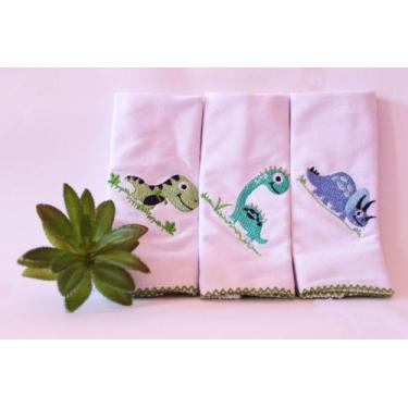 Imagem de Kit Pano de Boca Bebê Dino Malha 3 Peças - 34x34 CM Bordado - LinyBaby