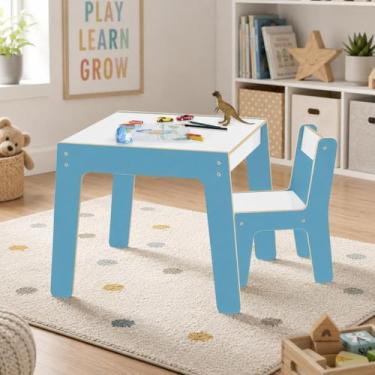 Imagem de JUNGES Conjunto Mesa Infantil Cadeira Infantil Azul para Brincar e Apr