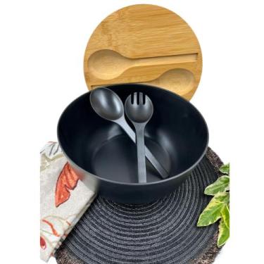 Imagem de Saladeira Bowl C/ Tampa Bambu + Talheres -  4 PÇ Mesa Posta - MM