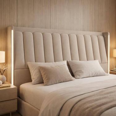 Imagem de Cabeceira Casal Moan P05 para Cama Box com Led Estrutura MDF-MDP Veludo Bege Lyam Decor