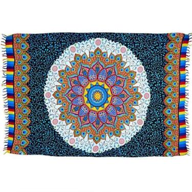 Imagem de Canga Mandala Rainbow Penas Detalhes Branco e Azul - Portal da Luz