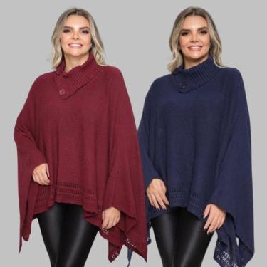 Imagem de Kit 2 Poncho Feminino Tricot Mousse Liso Gola Alta Casaco Lã - Rosilen