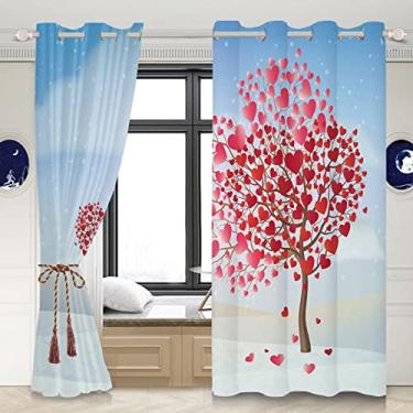 Imagem de Yeele Cortinas de janela com arte de árvore 106,7 x 160,0 cm Sky Love Heart 2 painéis Tema do Dia dos Namorados Cortinas blackout à prova d'água Cortinas de poliéster para crianças, adultos, meninas, quarto, sala de estar, vermelho, azul