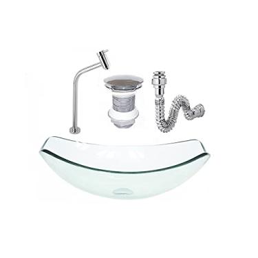 Imagem de CUBA DE VIDRO OVAL CHANFRADA 46CM JATEADO + VALVULA + TORNEIRA + SIFAO