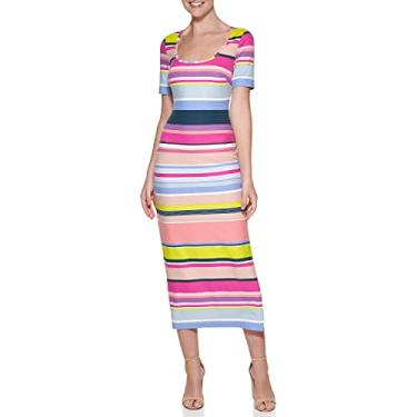 Imagem de GUESS Vestido midi feminino texturizado de tricô com ombro de fora, areia multi, 16, Multi, 42