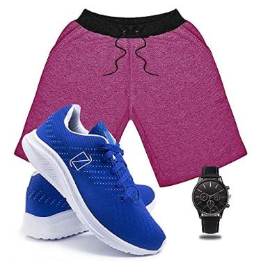 Imagem de Conjunto Bermuda Moletom Masculina + Tenis Masculino Academia Ultra Conforto + Relógio Ponteiro - Rosa-Azul/P-39