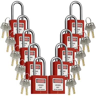 Imagem de Cadeados de etiquetagem de bloqueio, cadeado de segurança, fechaduras de lótus com chave de bloqueio diferente Cadeados de segurança de plástico vermelho 10 peças (1-10)