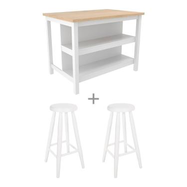 Imagem de Ilha Cozinha + 2 Banquetas Ditália 2 Pratel. Branco Cd-1019
