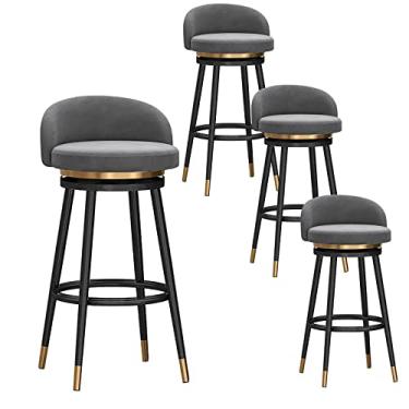 Imagem de Cadeiras de jantar cadeiras de sala de jantar banqueta de bar giratória com encosto, banqueta de altura de balcão cadeira de bar estofada de veludo cinza com moldura de metal preto para cozinha ilha sala de jantar pátio tudo está bem