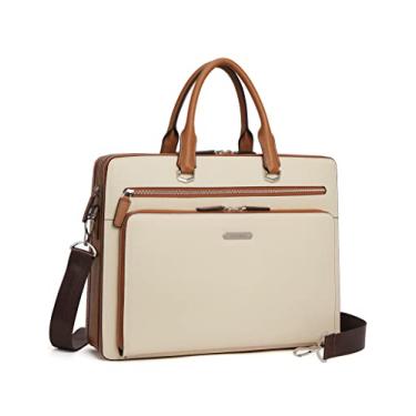 Imagem de BOSTANTEN Maletas masculinas bolsa mensageiro de couro genuíno para laptop bolsa de trabalho de escritório de 15,6 polegadas para viagens de negócios, D-bege e marrom, Durável