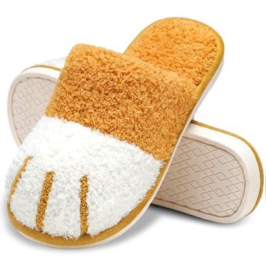 Imagem de MAXTOP Pantufas femininas aconchegantes de pata de gato, presentes quentes para mulheres e homens, com espuma de memória, moderno, fofo, felpudo, para uso interno e externo, Amarelo, 7-8 Women/5-6 Men