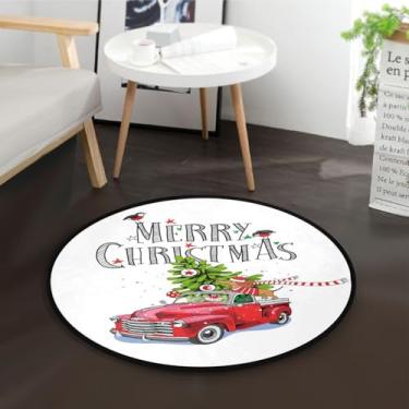 Imagem de Merry Christmas Red Truck Tree Tapete pequeno redondo antiderrapante tapete redondo tapete circular macio para decoração de quarto