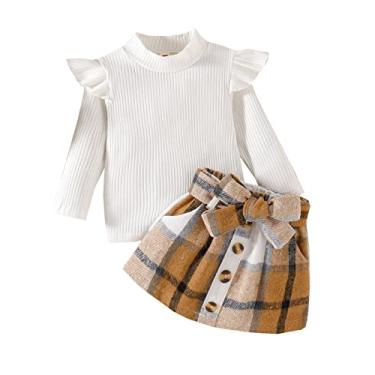 Imagem de Camiseta feminina com babados e manga comprida, lisa, canelada, estampa xadrez, gravata borboleta, saia, tio, sobrinha, bebê, Branco, 2-3 Anos