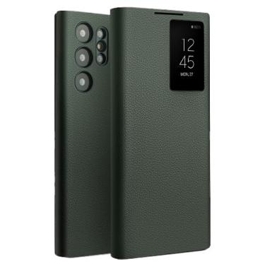 Imagem de KarFRi Capa de couro genuíno para Samsung Galaxy S24 Ultra/S24 Plus/S24, capa de telefone flip empresarial com slot para cartão e proteção de lente capa à prova de choque, verde, S24