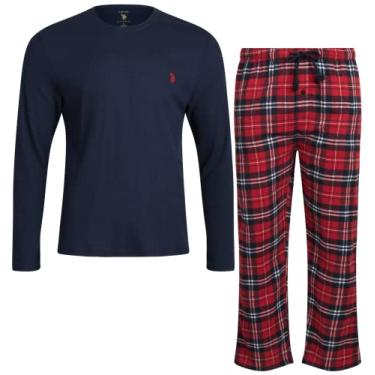 Imagem de U.S. Polo Assn. Conjunto de pijama térmico masculino – blusa de malha waffle e calça de moletom longa John, caixa de presente, Azul/Scooter Xadrez, M