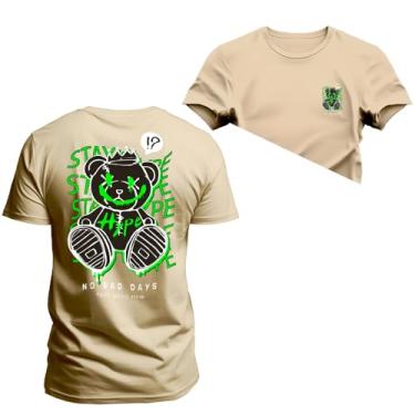 Imagem de Camiseta Premium Estampada Algodão Confortável Urso Stam Frente e Costas Bege G