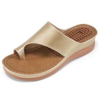 Imagem de Reimferce Sandálias ortopédicas de cunha para mulheres: sandálias confortáveis e elegantes de verão femininas confortáveis e casuais plataforma de caminhada, Dourado, 38