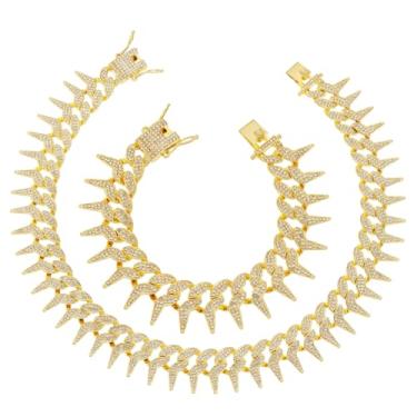 Imagem de HH BLING EMPIRE Conjunto masculino de colar e pulseira de elos cubanos, banhado a ouro, prata, diamante, Miami cubano, corrente de elos cubanos, joias hip hop, 24", Zinco, diamante falso