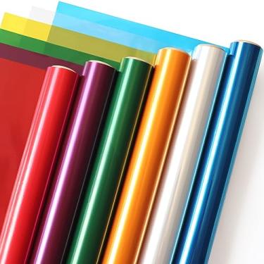 Imagem de SYOGUA Rolo de papel de celofane colorido transparente – 6 cores, 86 cm x 5 m Rolos de papel de celofane – vermelho, roxo, verde, dourado, azul, envoltório de celofane transparente para cestas de presente, embrulhos de guloseimas, projetos de artesanato