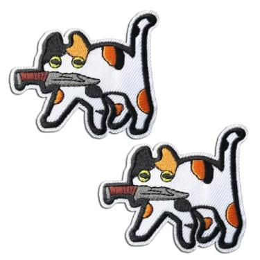 Imagem de CHBROS 2 peças de aplique bordado de gato com faca, aplique de ferro/costurar em remendos para roupas, jaquetas, camisetas, mochilas