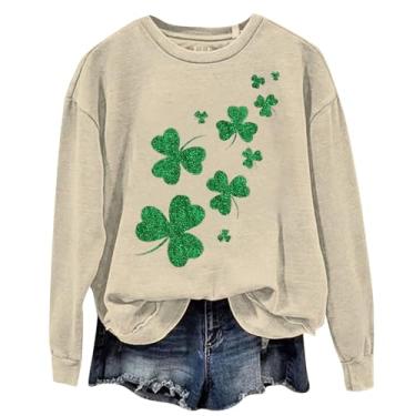 Imagem de Camisetas femininas de manga comprida com estampa de bandeira americana irlandesa verde e gola redonda do Dia de São Patrício, Caqui, 3G