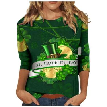 Imagem de Camiseta feminina do Dia de São Patrício Lucky Shamrock, túnica verde, manga 3/4, camiseta de verão, Caqui, P