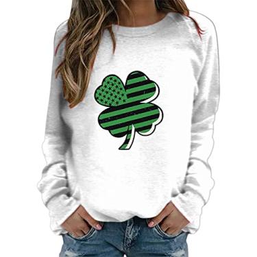 Imagem de Camiseta feminina St.day Funny Casual Manga Longa Verde Lucky Irish Shamrock Camisetas estampadas, Branco, G