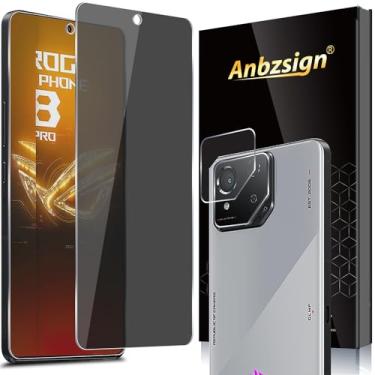 Imagem de Anbzsign [Pacote com 2+2 para ASUS ROG Phone 8 / Phone 8 Pro Protetor de tela de privacidade e protetor de lente de câmera, 9H Anti Spy Private Película de vidro temperado, antiarranhões, compatível