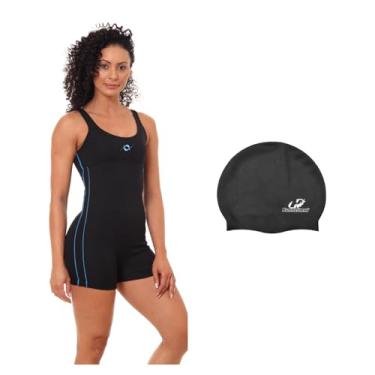 Imagem de Kit Maiô Macaquinho Helanca Natação E Touca De Silicone Grande (Preto/Turquesa - Touca Preta, XGG)