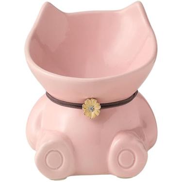 Imagem de Disoza Tigela de Cerâmica Elevada para Gatos Interior 5,8 Polegadas Rosa Fofa Comida Gato 15° Inclinada Whisker Friendly Cat Bowl Máquina lavar louça segura Conjunto Alimentação Cachorros