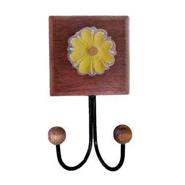 Imagem de Toalheiro Cabideiro Duplo Flor 3d Rústico Artesanal Ferro Cor Amarelo