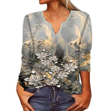 Imagem de Camiseta feminina de manga comprida, caimento solto, vintage, estampa floral, gola V, casual, camisetas para sair, Caqui, P