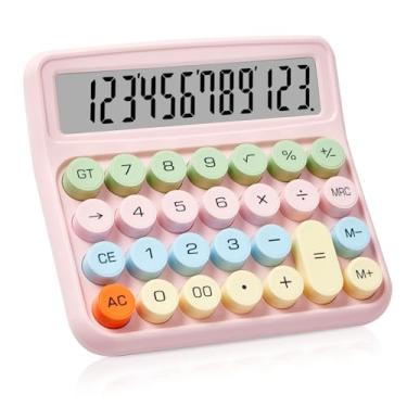 Imagem de PIAMIG Calculadora mecânica com visor LCD grande, botão grande de 12 dígitos, fácil de usar, desligamento automático, calculadora de mesa para casa, escritório e escola (rosa)