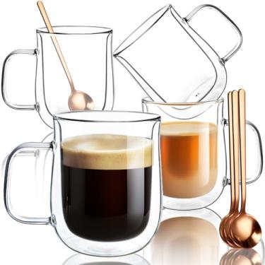 Imagem de Canecas de café de vidro de parede dupla 340 g, conjunto de 4 xícaras de café de vidro com colheres, caneca de café transparente com alças para bebidas quentes, cappuccino, latte e saquinhos de chá.