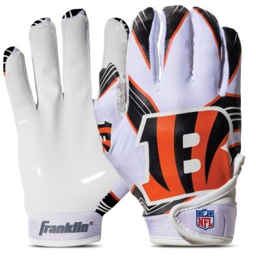 Imagem de Franklin Sports Luvas receptoras de futebol americano da NFL Cincinnati Bengals – Luvas receptoras para crianças – Logotipos da equipe NFL e Palma de silicone – Par juvenil S/PP