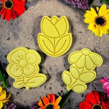 Imagem de Kit 3 Cortador Biscoito Flores Jardim Carinho - DOCE IMPRESSO,  7,5cm