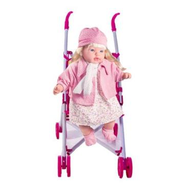 Imagem de Boneca Com Roupinha Rosa Que Canta Mais Carrinho Rosa - DM Toys e Milk