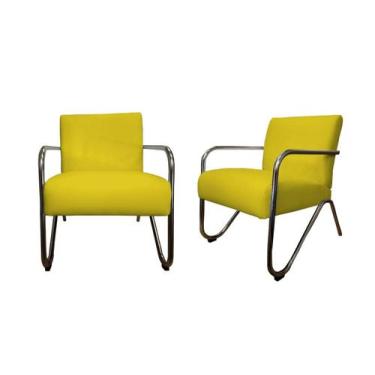 Imagem de Kit 2 Poltronas Decorativa Bela Couro Amarelo Braço Cromado Ms Decor -