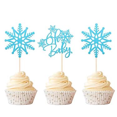 Imagem de Rsstarxi 24 Pack Snowflake Oh Baby Cupcake Toppers Glitter Winter Frozen Them Oh Baby Snowflake Cupcake Picks for Baby Shower Kids Birthday Christmas Party Cake Decorations Supplies Blue