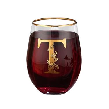 Imagem de Taça de vinho com monograma floral sem haste exclusiva gravada com inicial para tinto ou branco 425 g copo de vinho letra T - presentes para mulheres, homens, presentes de aniversário, Natal,