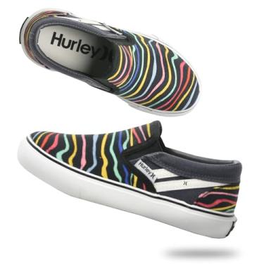 Imagem de Hurley Tênis infantil de lona sem cadarço – Tênis de skate de cano baixo para crianças, calçados esportivos para meninos e meninas, tênis casuais, Listras cinza multi, 21