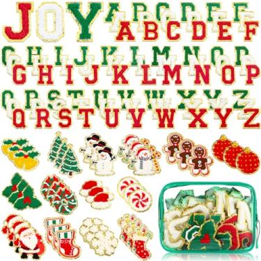 Imagem de Yilloog 120 peças de adesivos de Natal com letras de chenille, incluindo 78 letras, 42 meias de boneco de neve, Papai Noel, floco de neve, artesanato, para roupas, jaquetas, presente de Natal (verde