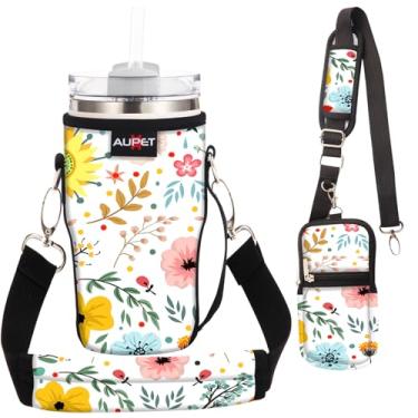 Imagem de AUPET Bolsa de transporte para garrafa de água adequada para copo Stanley Flowstate IceFlow Yeti de 30/20 / 400 ml, acessórios para copos com bolsa de telefone e alça (flores de ervas coloridas